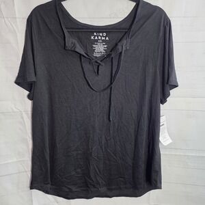 New Kind Karma Black T Shirt Tee Top Plus Size‎ XXL 2X Lace Neck Short Sleeves